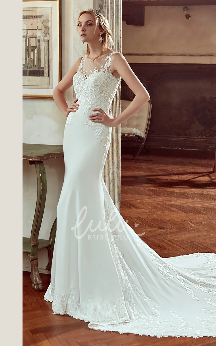 Mermaid Wedding Dress with Jewel-Neck Open-Back and Appliques