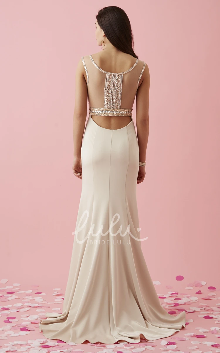 Illusion Sheath Jersey Prom Dress with Scoop-Neck and Beading