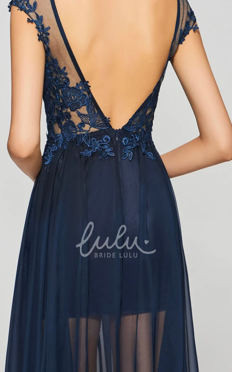 Sexy Split Front Bateau Chiffon Gown with Lace Applique A-line Deep V-back