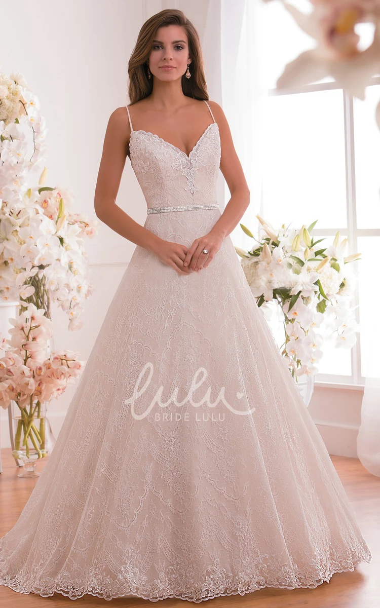 Sequined Waist Sleeveless A-Line Wedding Dress with Spaghetti Straps