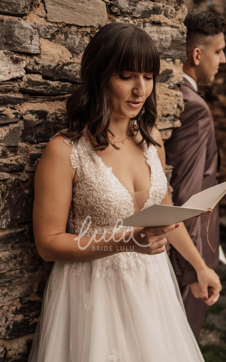 A-Line Lace Plunging Neckline Wedding Dress Sleeveless & Sexy