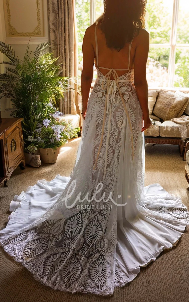 Rustic Sexy Beach A-Line Boho Lace Wedding Dress Elopement Garden Forest Mountain Sleeveless Backless Bridal Gown with Sweep Train