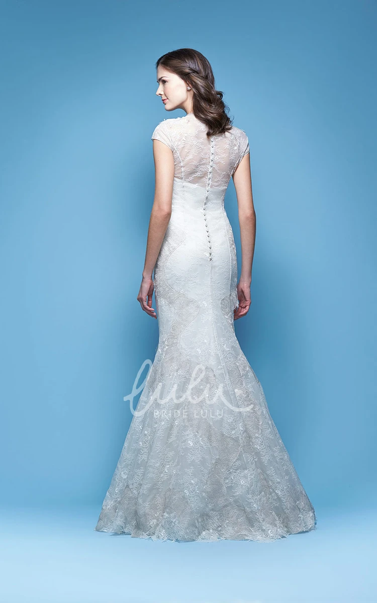 Cap-Sleeve Lace Trumpet Wedding Dress with Illusion High Neck Bridal Gown