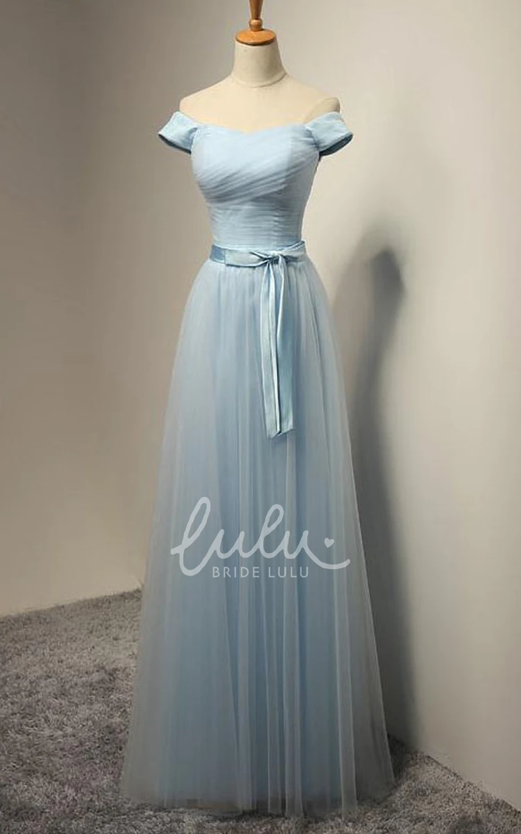 Off-the-shoulder A-line Tulle Dress with Floor-length Pleats Unique Bridesmaid Dress