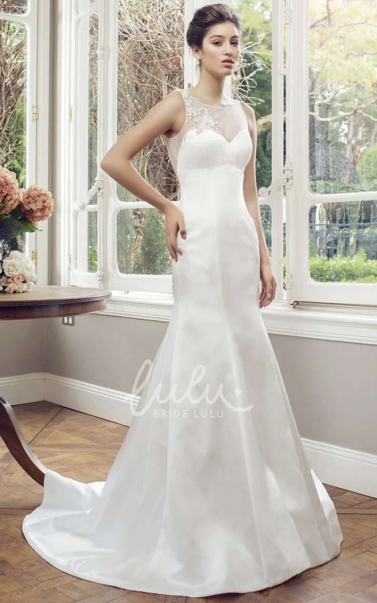 Sleeveless Satin Sheath Wedding Dress with Applique and Beading Elegant Bridal Gown