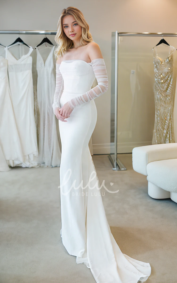 Mermaid Off-the-shoulder Elegant Simple Strapless Satin Wedding Dress Sexy Solid Beach Floor-length Bridal Gown with Button Open Back Court Train