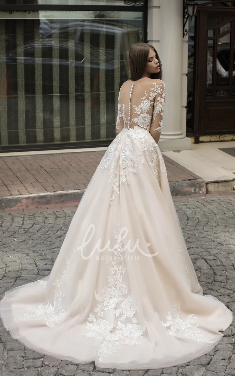 Lace V-neck A-Line Wedding Dress with Illusion Sleeves Elegant Wedding Dress for Beach and Garden Weddings