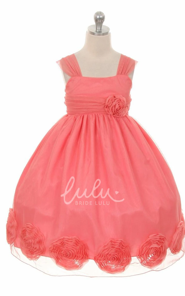 Empire Floral Tea-Length Flower Girl Dress with Sash Pleated and Bow