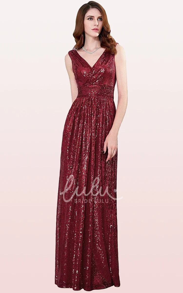 V-Neck A-Line Sequin Bridesmaid Dress with Ruching Floor-Length