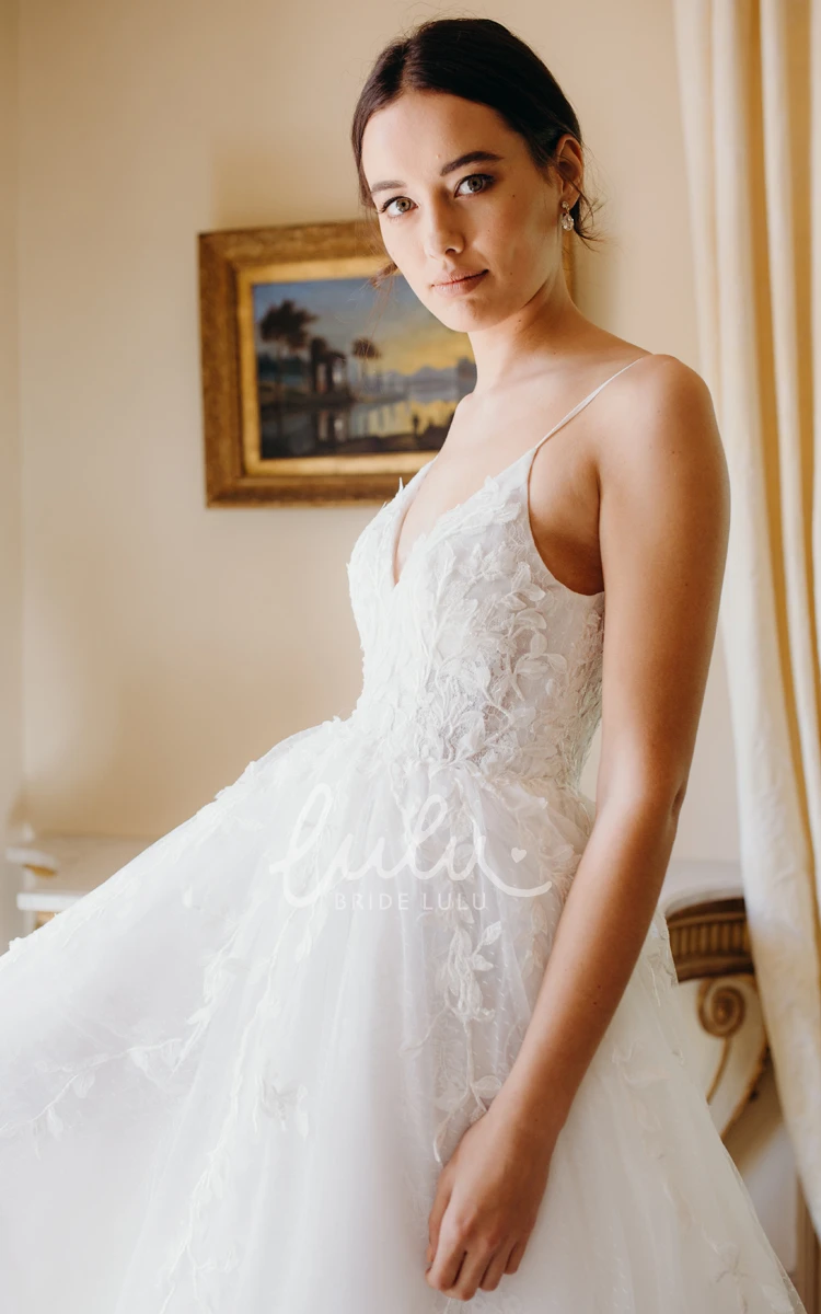 Ethereal Lace Applique Tulle Wedding Dress with Plunging V-neck and Spaghetti Straps