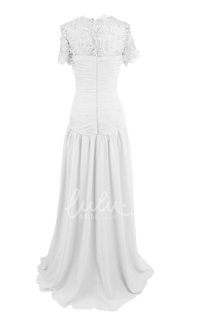 Long Pleated Chiffon Bridesmaid Dress with Short Sleeves and High Neck