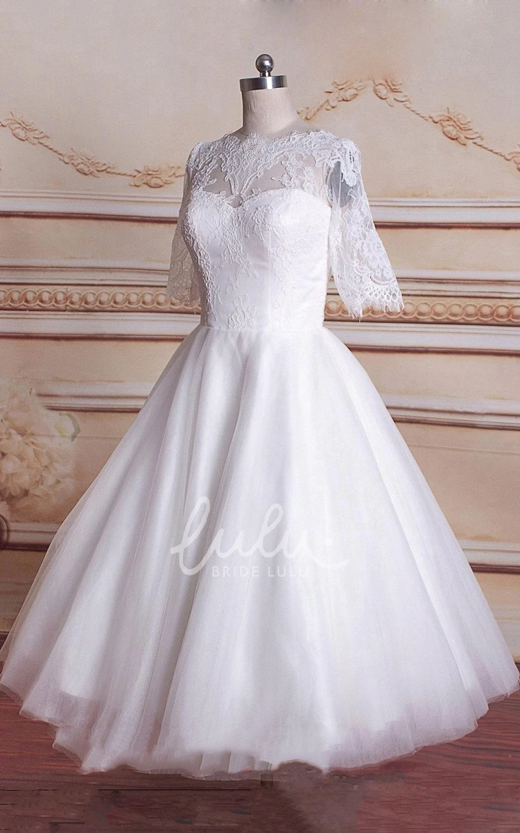 3/4 Sleeve Tea-Length Wedding Dress Tulle Lace Satin