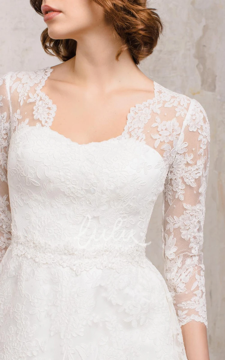 Lace A Line Queen Anne Wedding Dress Romantic & 3/4 Length Sleeve