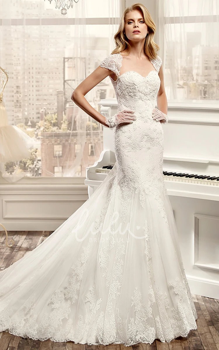 Sweetheart Cap-Sleeve Court Train Wedding Dress with Keyhole Back