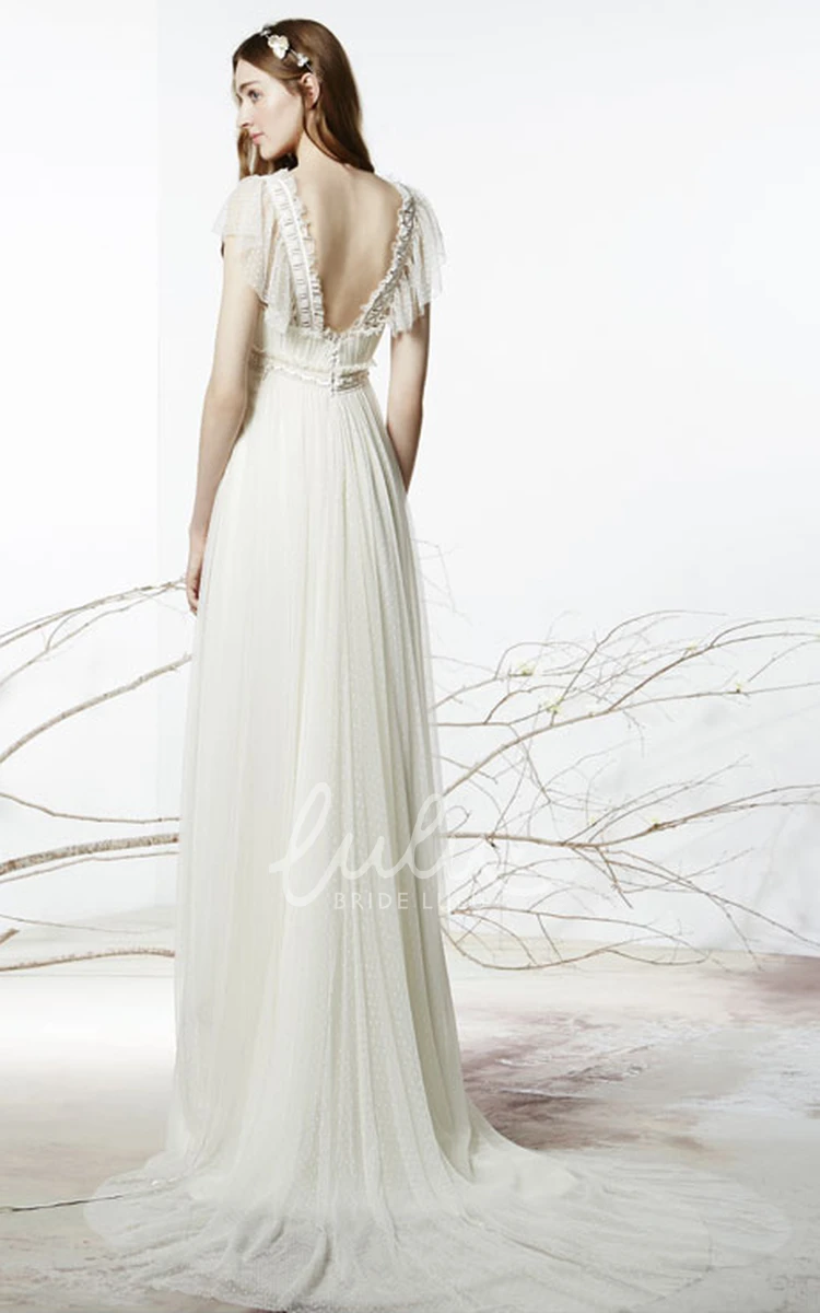 Poet Sleeve Empire Tulle Wedding Dress Square Neckline Sheath Bridal Gown