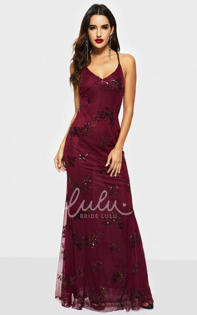 Sexy V-neck Sheath Tulle Formal Dress with Sequin Appliques and Straps