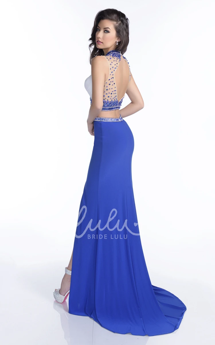 Rhinestone Embroidered Sheath Prom Dress Sleeveless Side Slit Jersey Fabric