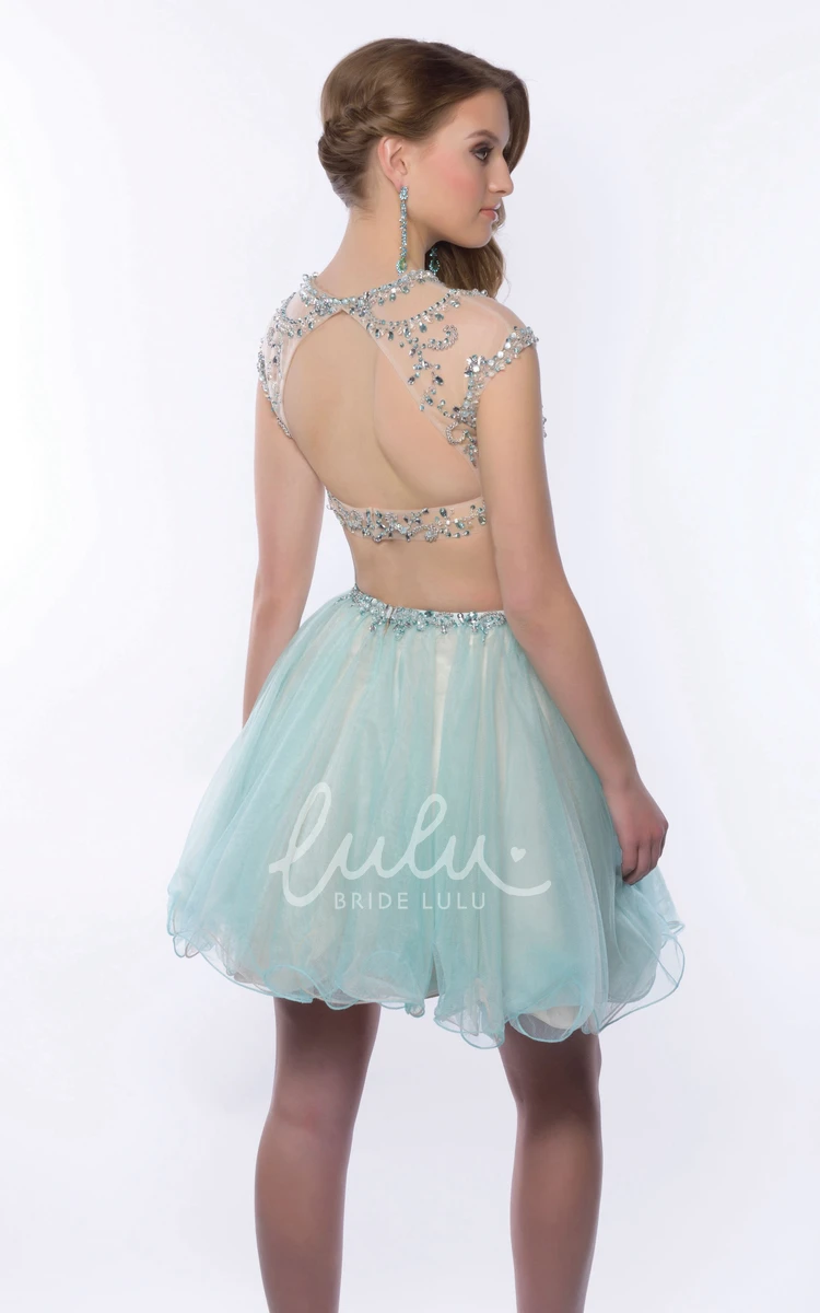 Jeweled Top Cap Sleeve Two-Piece Mini Homecoming Dress Tulle Skirt