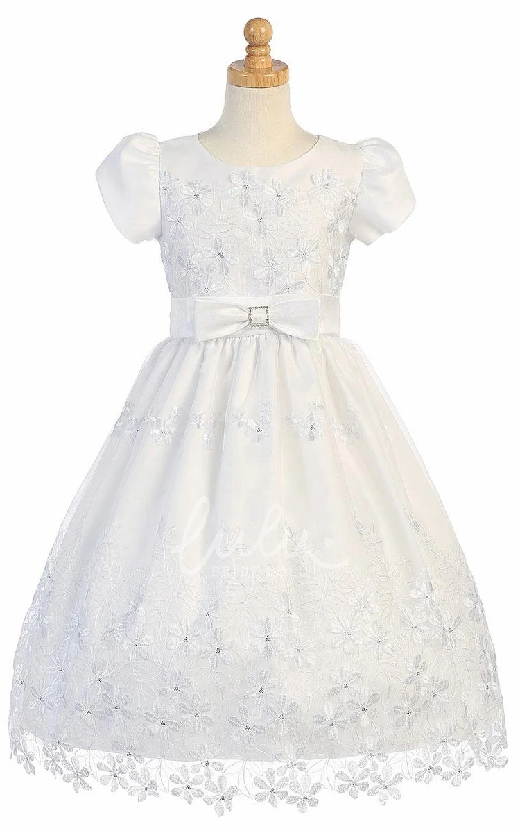 Sequin Bow Tiered Organza Flower Girl Dress in Tea-Length