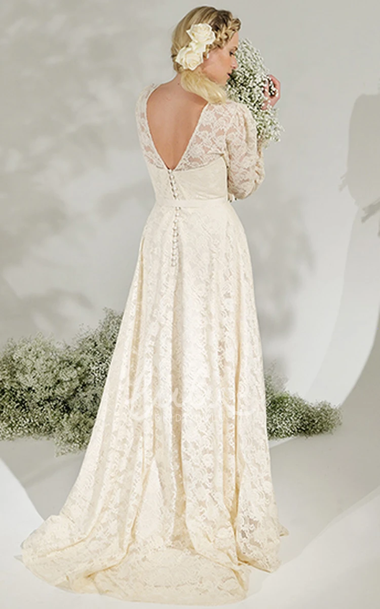 Long Sleeve Lace High Neck Wedding Dress with V Back and Sweep Train