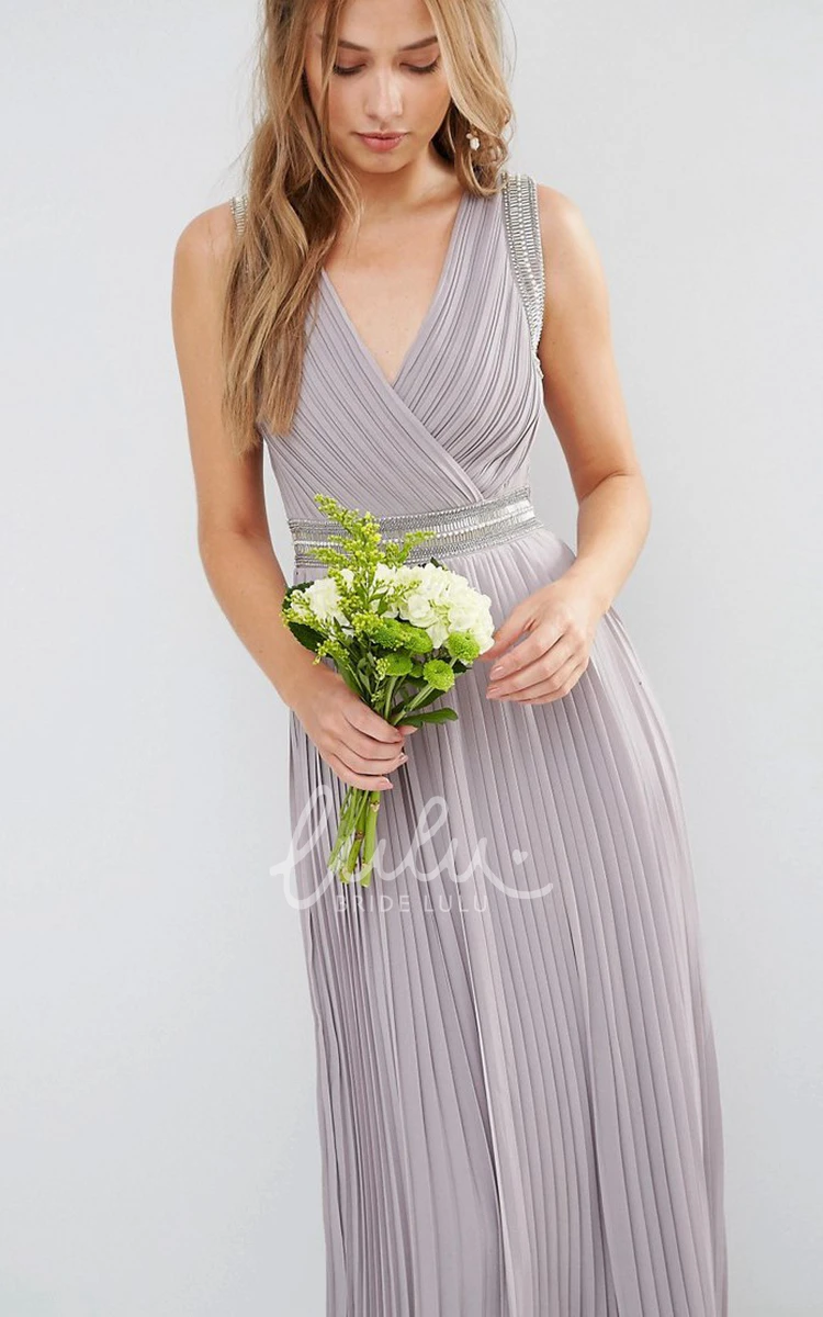 Ruched V-Neck Chiffon Bridesmaid Dress with Beading Ankle-Length