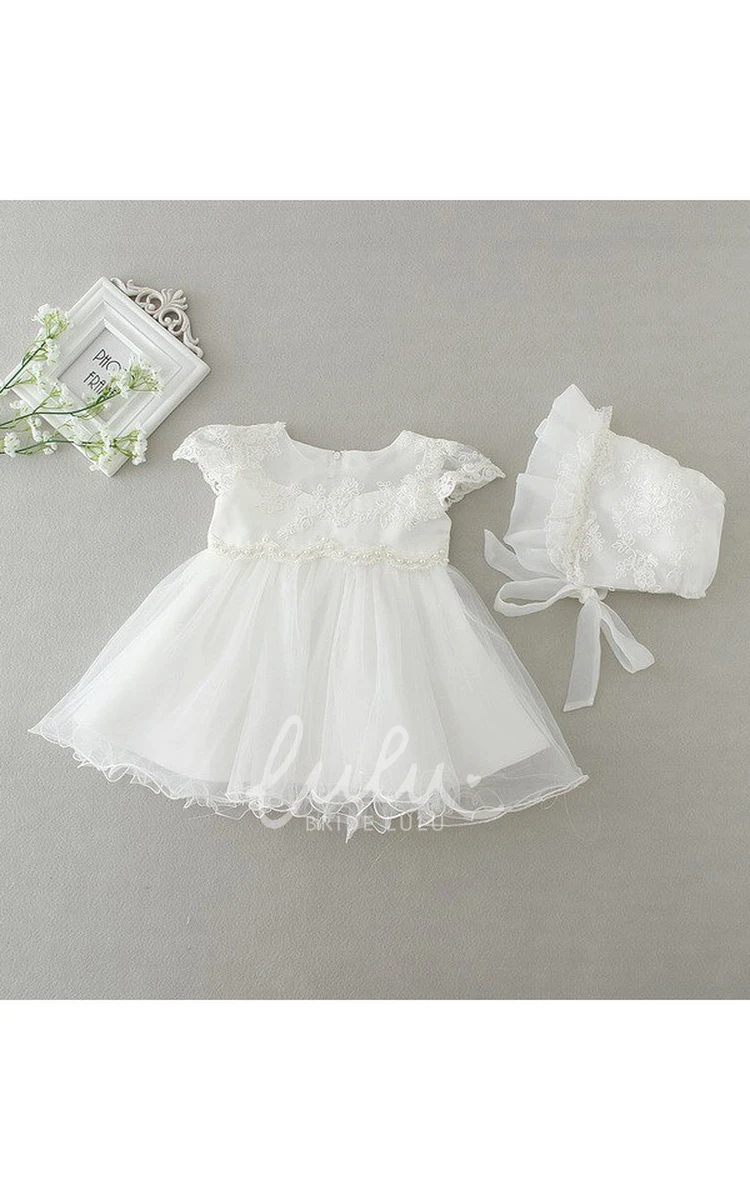 Lace Applique Pearl Christening Dress Elegant Baby Baptism Gown