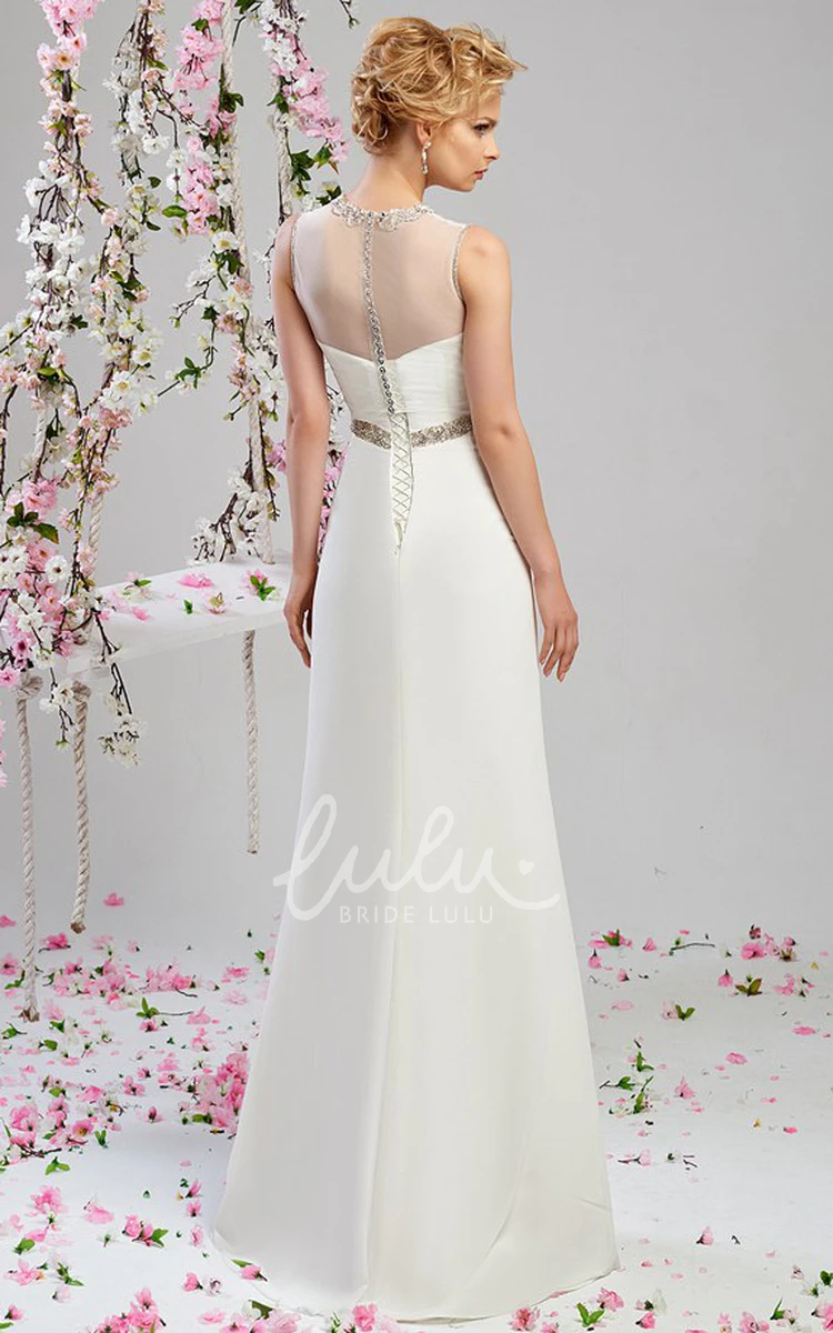 High Neck Jeweled Sleeveless Chiffon Wedding Dress with Illusion Sheath Floor-Length