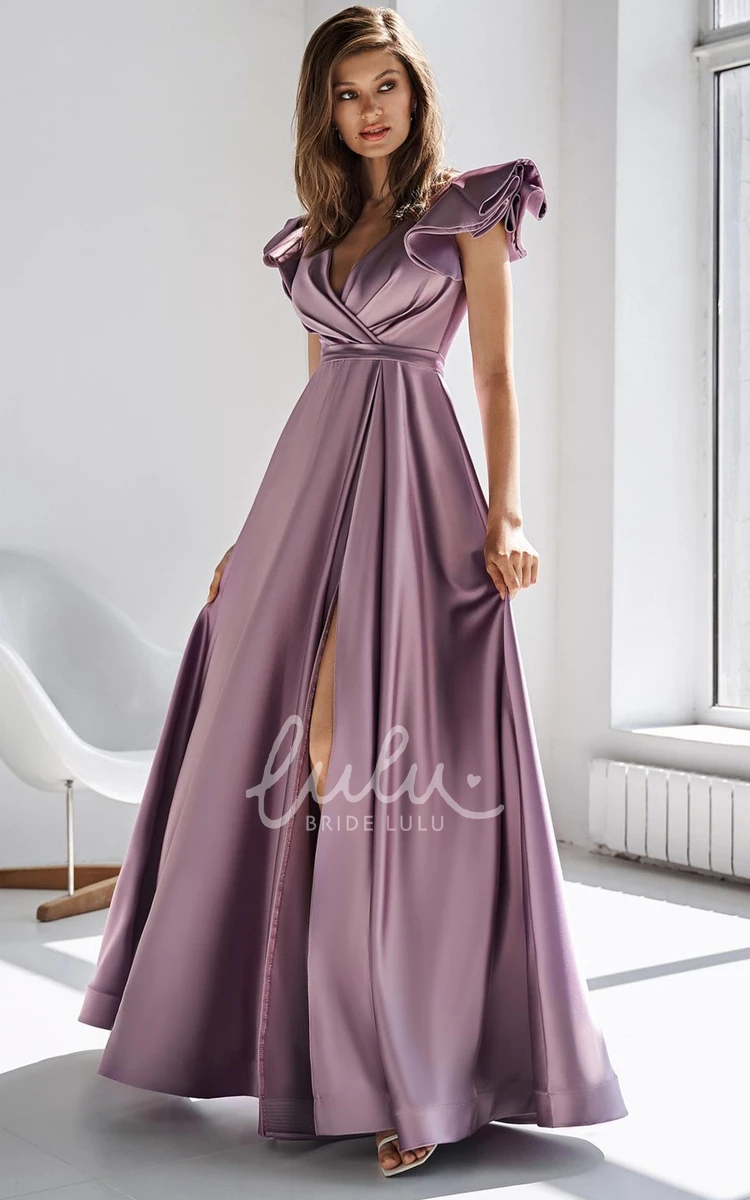 Satin A-Line Prom Dress with Ruching and Split Front in Modern Style