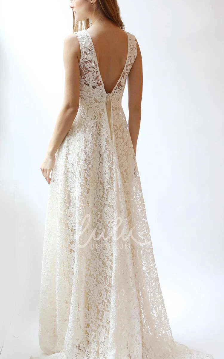 Rose Lace A-Line Wedding Dress Jewel Neck and Sleeveless Design