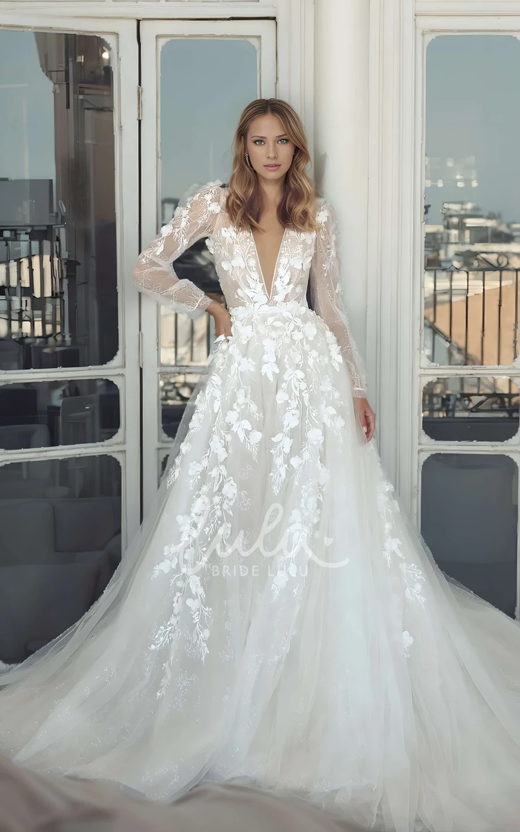 Modern Elegant A-Line Long Sleeve Winter Lace Wedding Dress Sexy Romantic Plunging Neckline Appliqued Long Train Bridal Gown