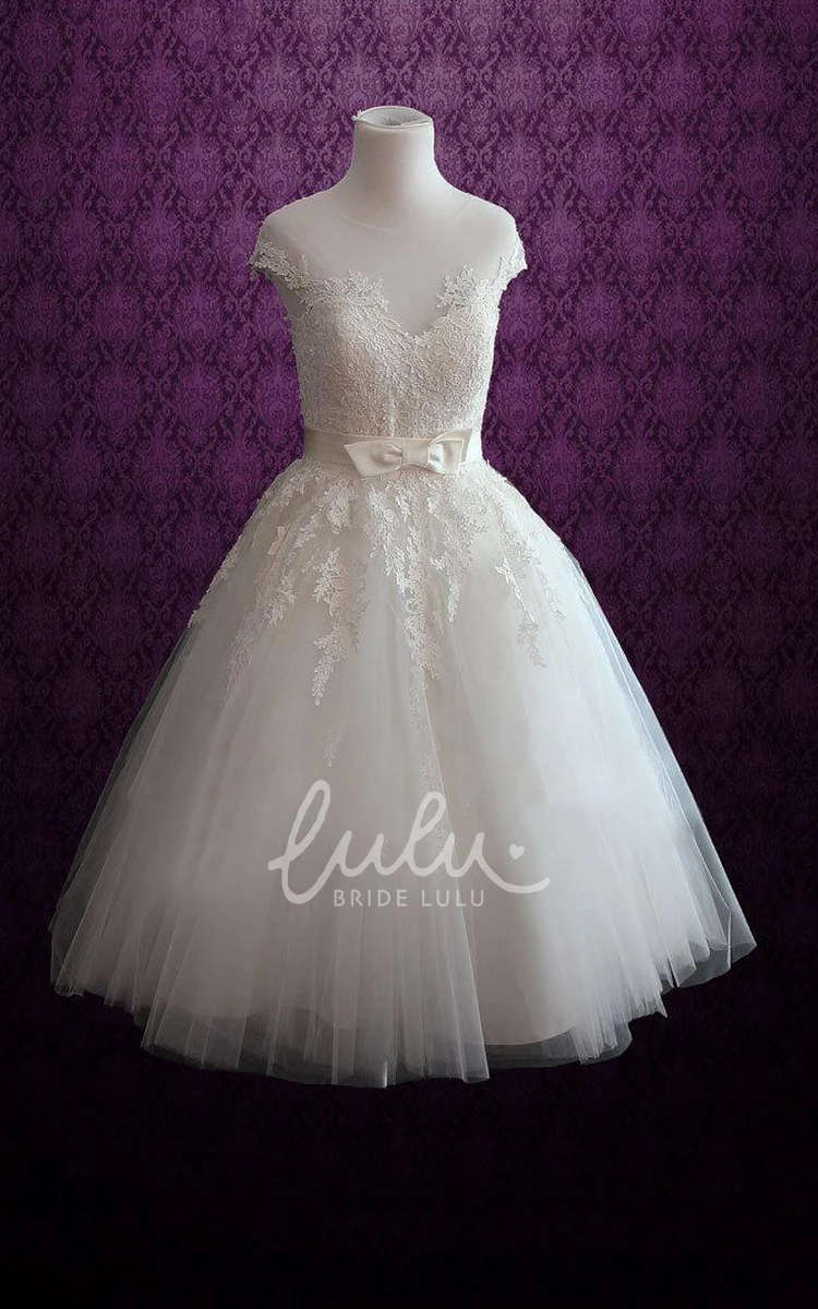 Lace Applique Short Wedding Dress with Sash Jewel Neckline