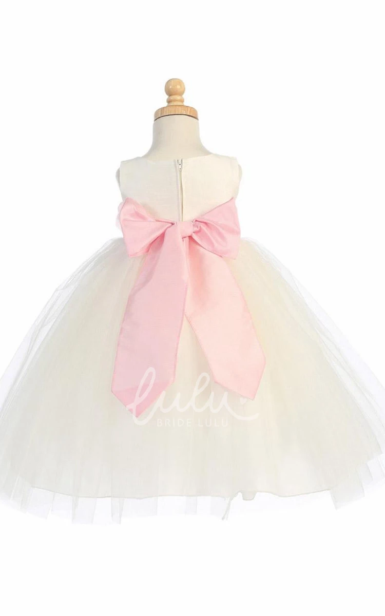 Tiered Tulle Tea-Length Flower Girl Dress with Ribbon