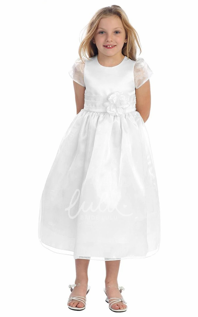 Organza Satin Tiered Flower Girl Dress Ankle-Length Cap-Sleeve Prom Dress