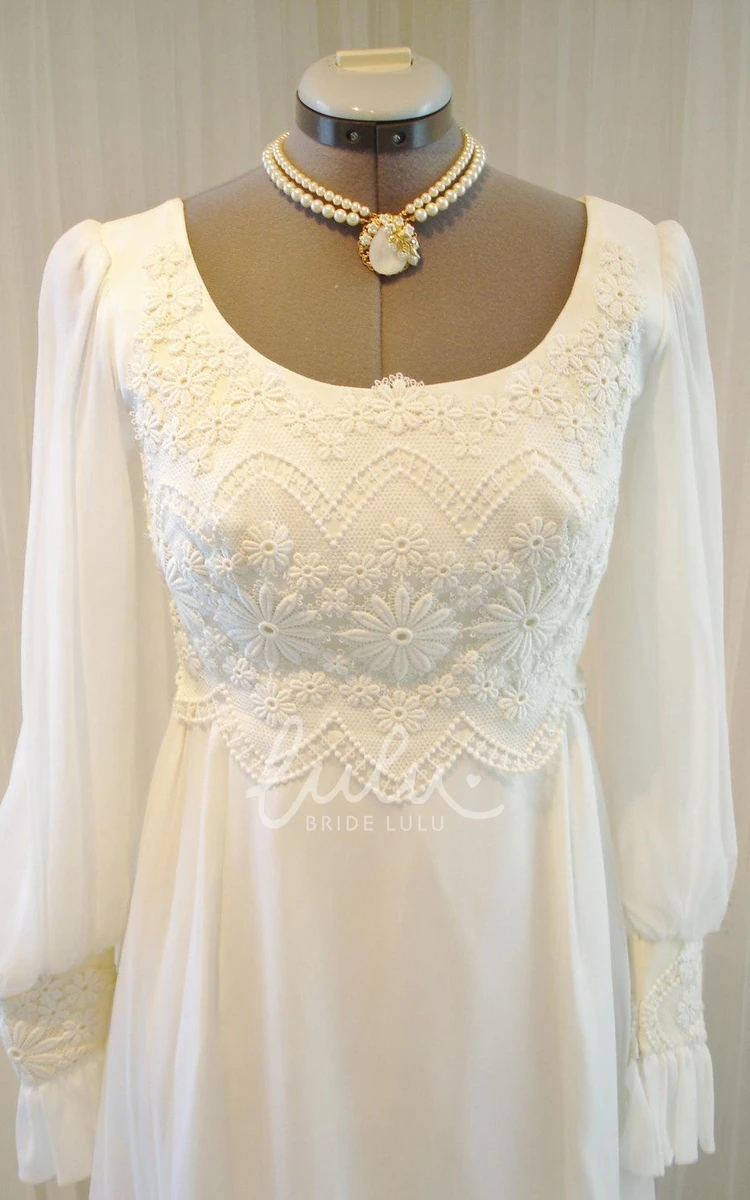 Vintage Chiffon and Lace Wedding Dress Unique Long Sleeve Bridal Gown