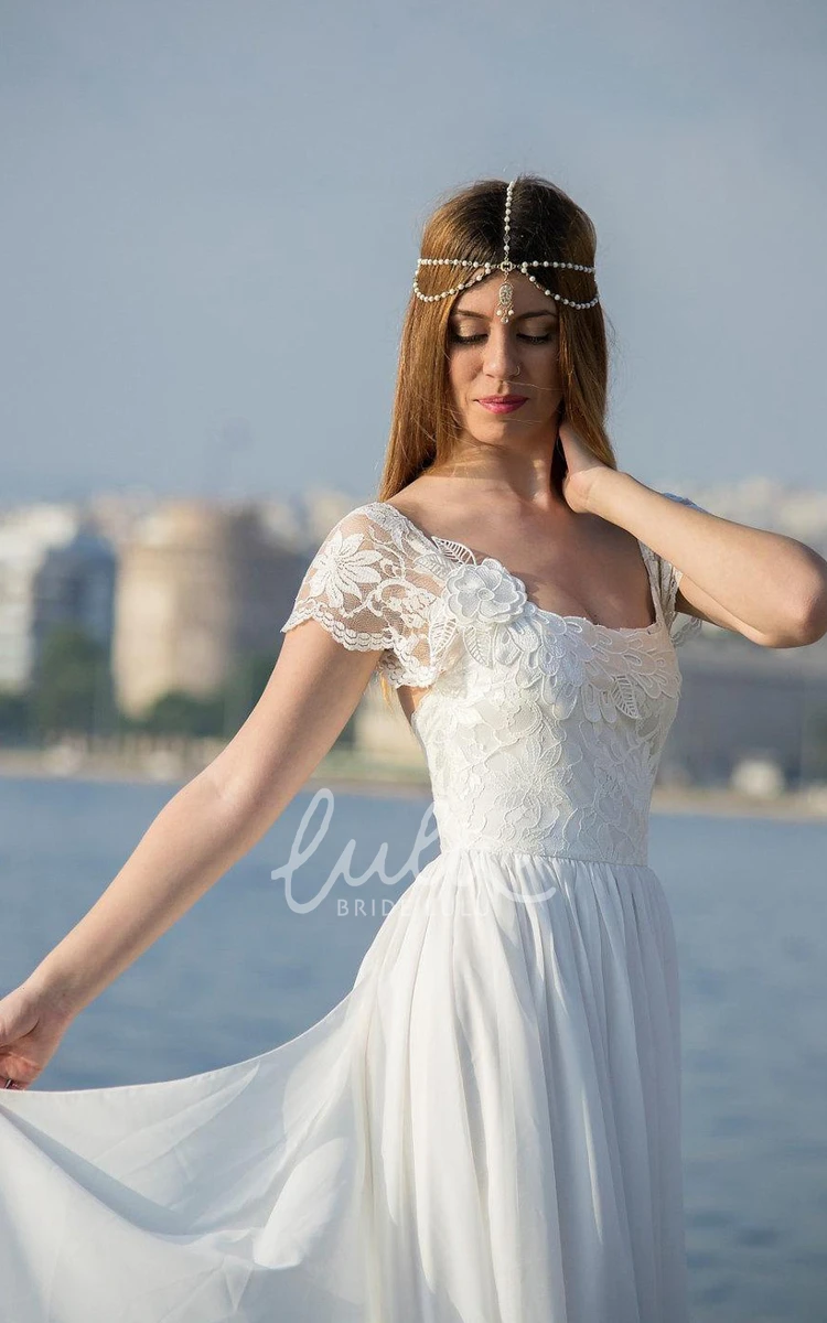 Backless Chiffon Wedding Dress with Lace and Flower Beach Wedding Dress