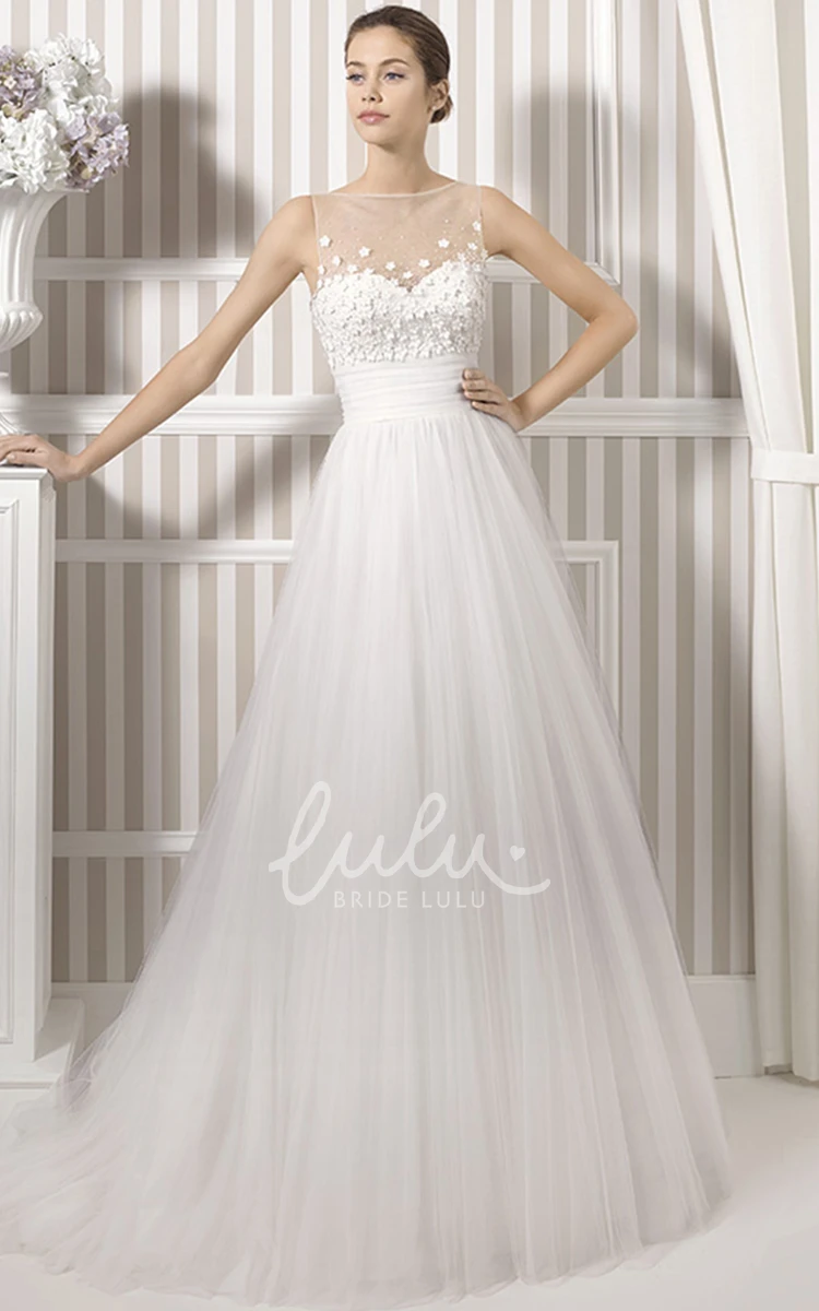 Floral Tulle A-Line Wedding Dress with Bateau Neckline and Illusion Back