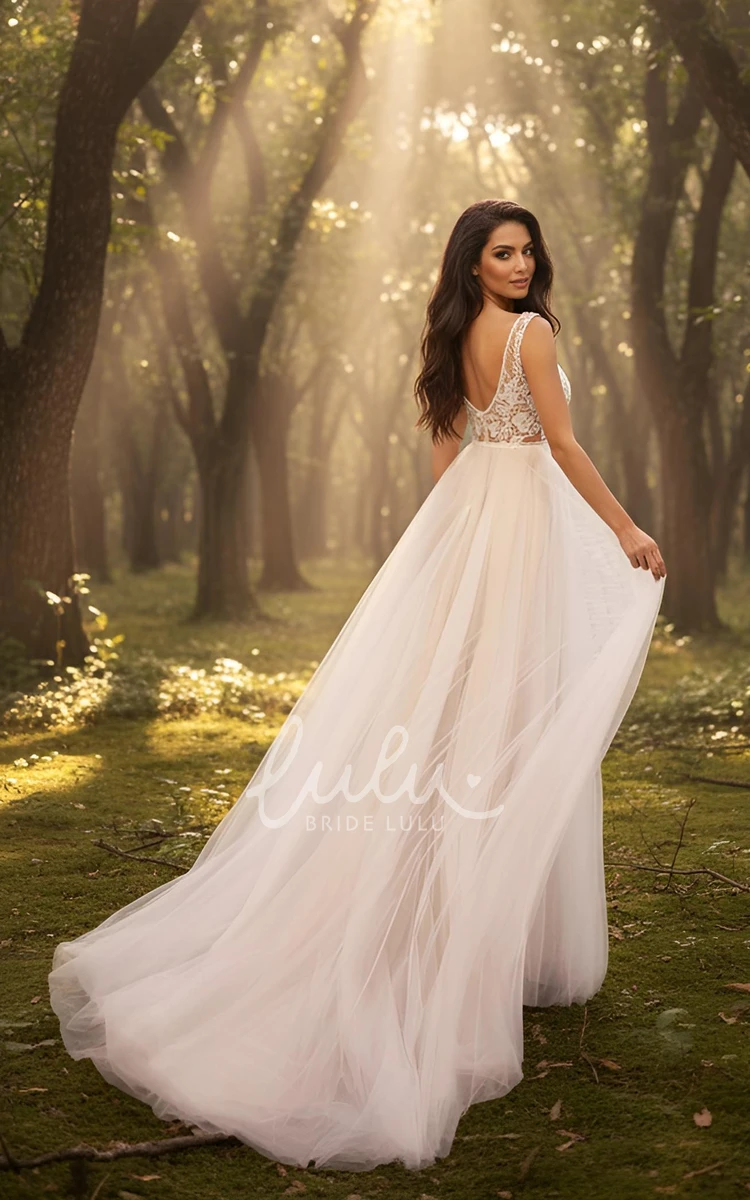 Casual A-Line Lace Boho Sleeveless Wedding Gown Floral Deep V-Neck Tulle White Bridal Dress