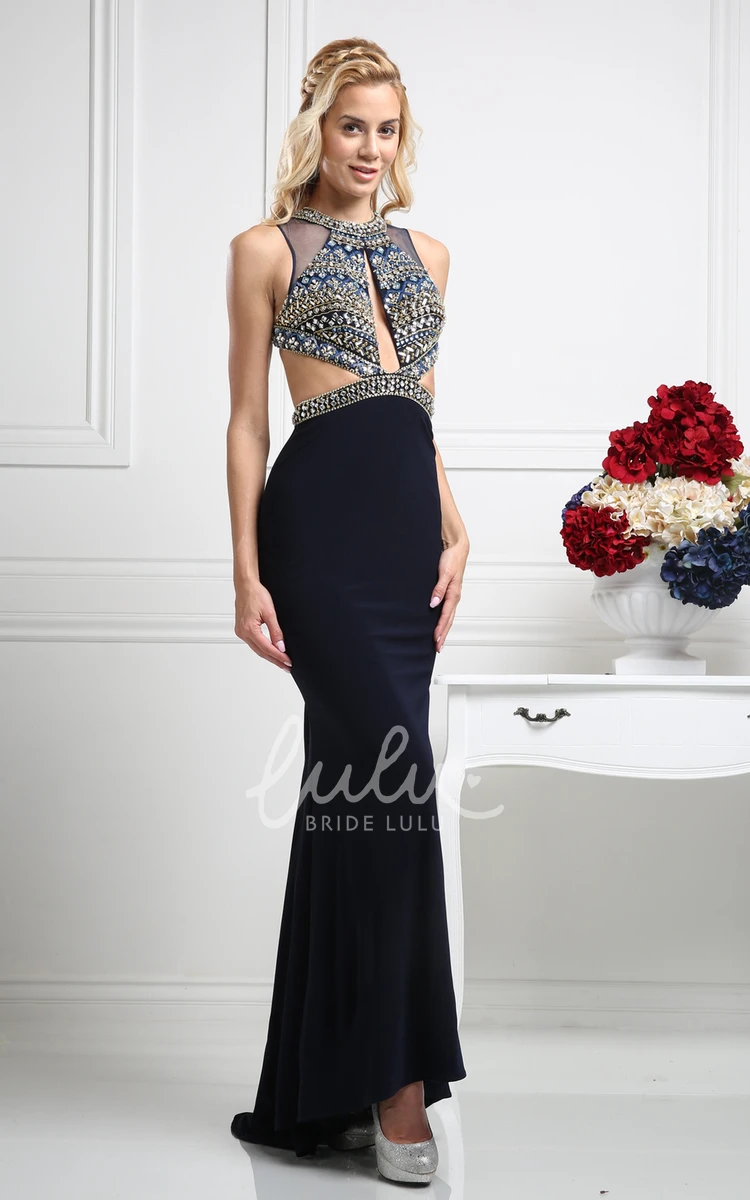 Backless Sheath Jersey Dress with Beading Flowy Evening Dress