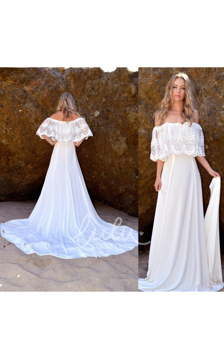 Off-The-Shoulder Lace Ruffle Wedding Dress With Embroideries