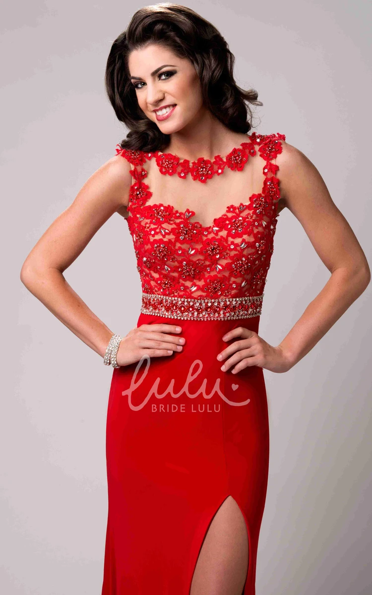 Beaded Lace Sleeveless Prom Dress Jersey Material with Side Slit