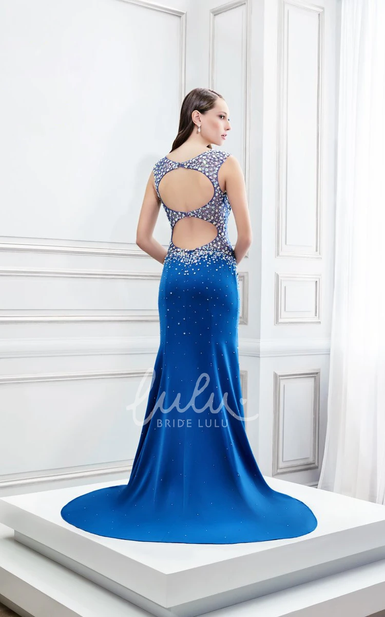 Jersey Prom Dress with Split Front Keyhole and Beaded Straps Sleeveless