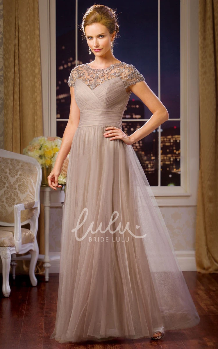 Elegant Cap-Sleeved Tulle Mother Of The Bride Dress with Beadings and Pleats