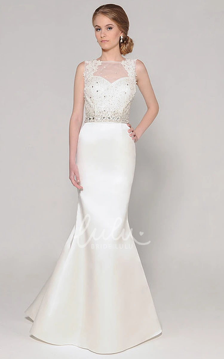 Jeweled Satin Wedding Dress with Appliques and Sweep Train Long Sleeveless Bridal Gown