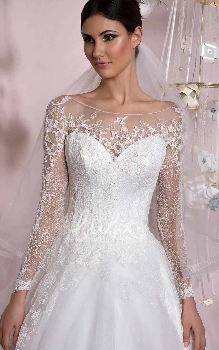 Long Sleeve Appliqued Tulle Ball Gown Wedding Dress