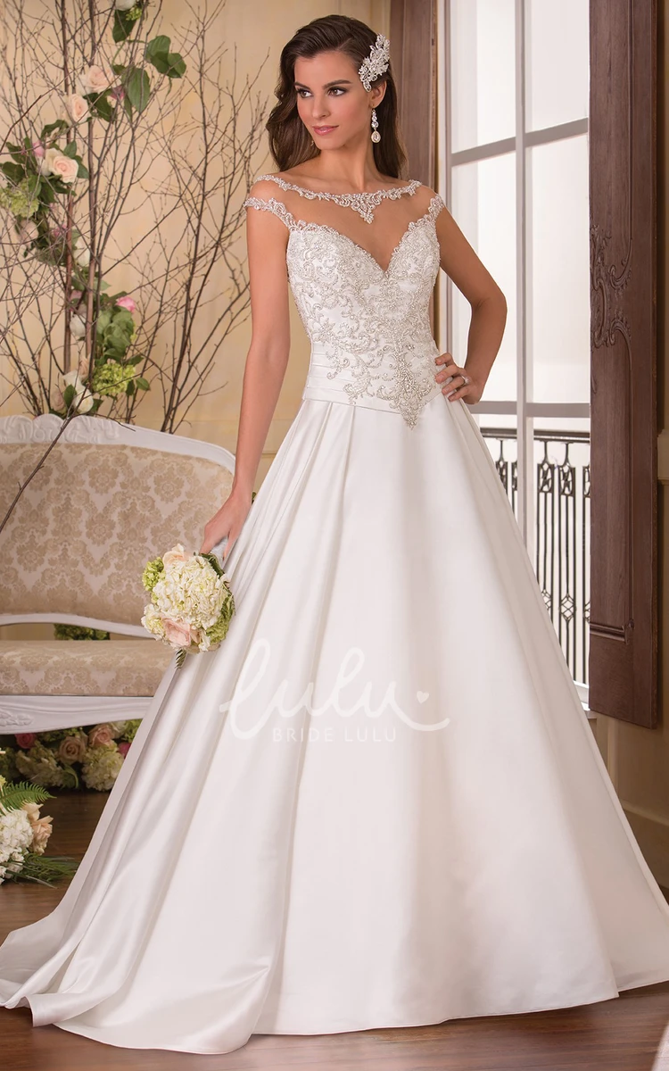 Bateau-Neck Cap-Sleeved Wedding Dress with Jeweled Illusion Neck