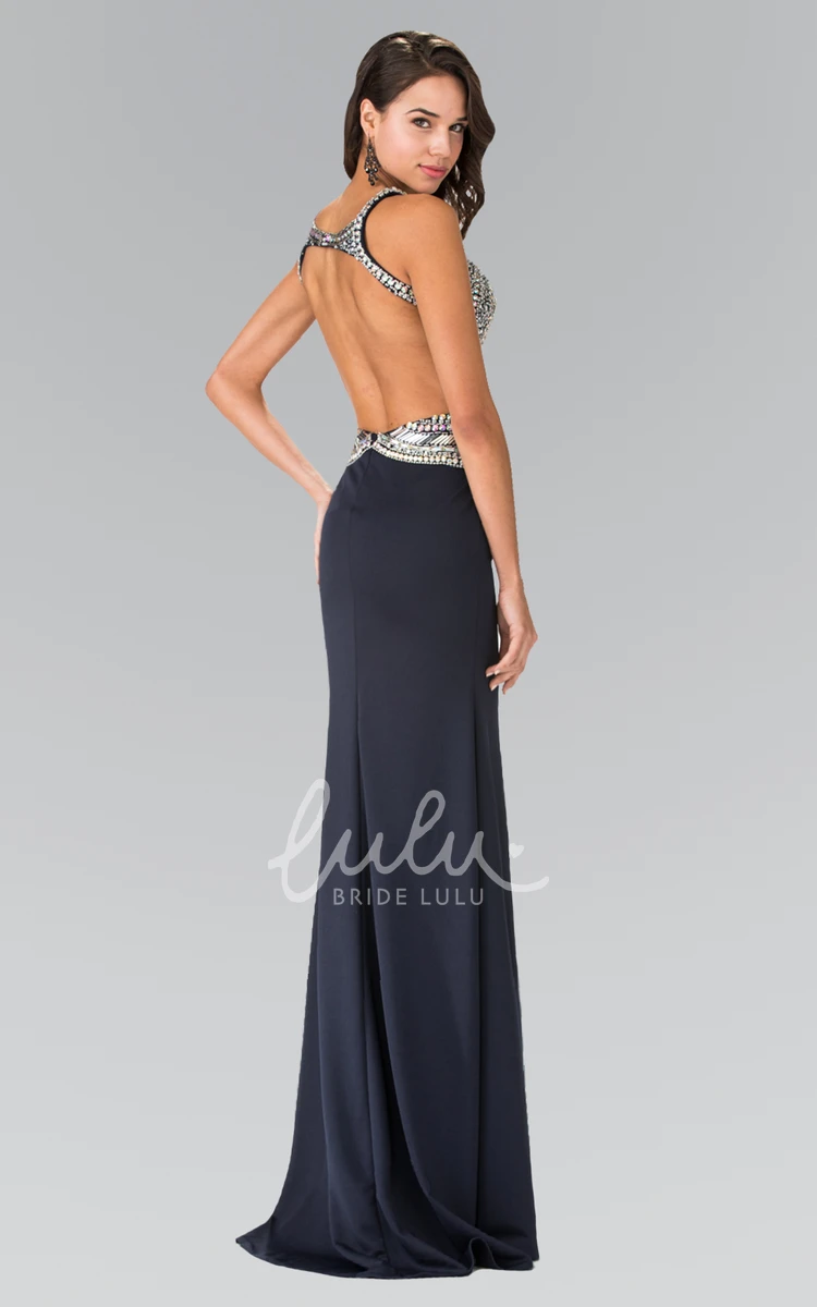 Backless Sleeveless Jewel-Neck Formal Dress with Beading and Sequins in Jersey Fabric