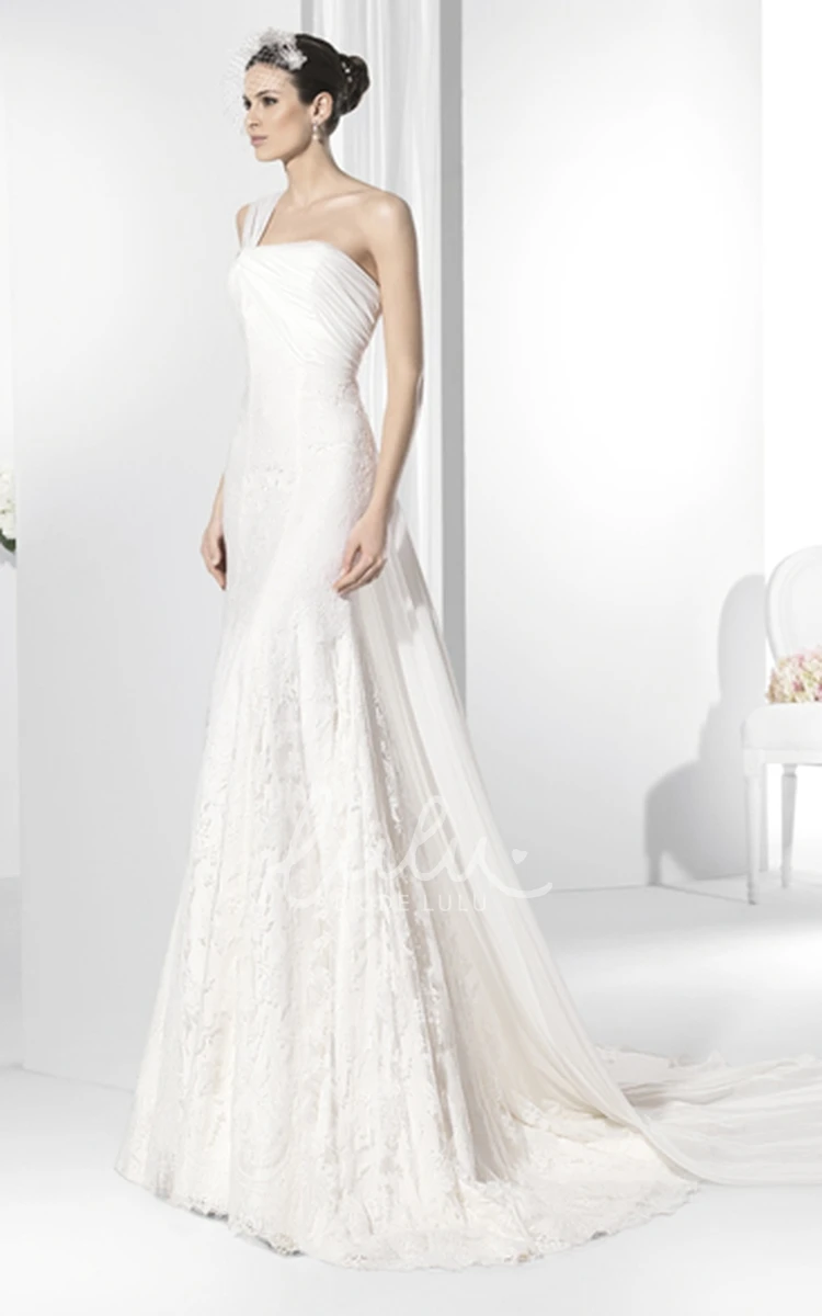 Ruched One-Shoulder Lace Wedding Dress Sleeveless Elegant