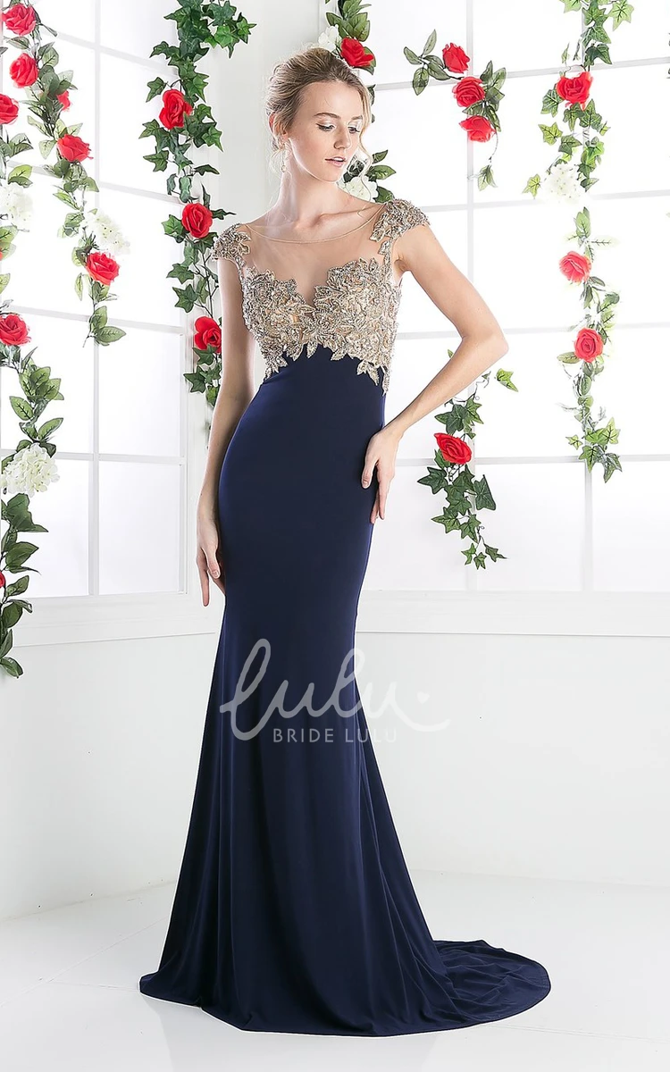 Short Sleeve Beaded Sheath Jersey Prom Dress with Scoop Neck