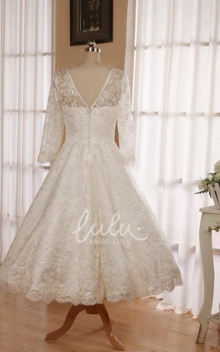 Lace Tea Length Wedding Dress with Low V Back and 3/4 Sleeves