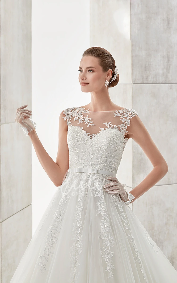Cap Sleeve A-Line Wedding Dress with Illusive Design Elegant Bridal Gown